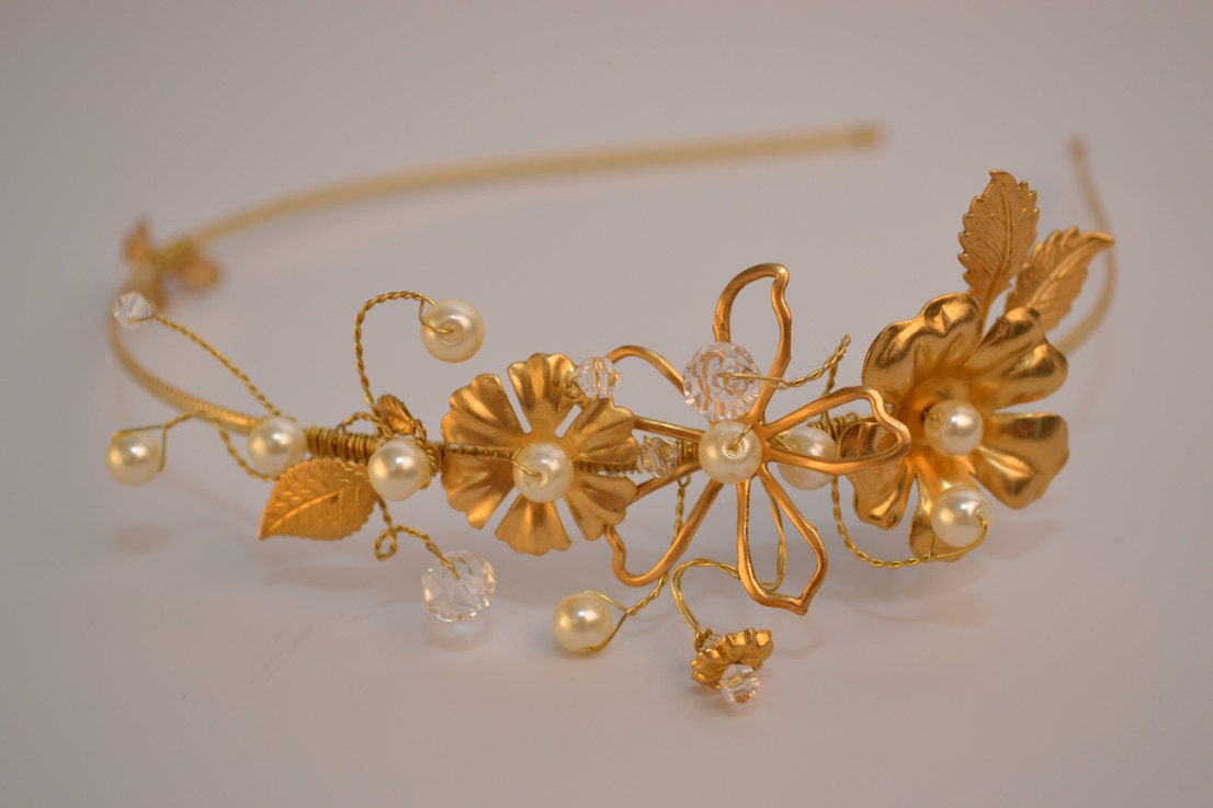 Deux.........one of a kind headpiece - gold flower and pearl tiara
