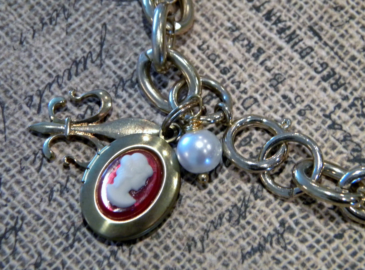 Valentine Cameo and Pearls Charm Bracelet OOAK