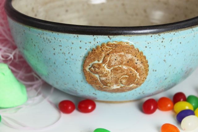 Ceramic Bunny Bowl in Turquoise and Cream - Cereal -Soup- bowl- Side-Fruit - Rabbit Easter Bowl