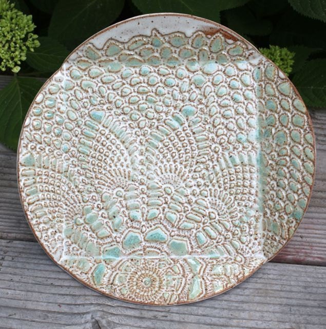 Ceramic Platter - Square footed Platter - Tray Creme with green highlights and Pattern Ready to Ship