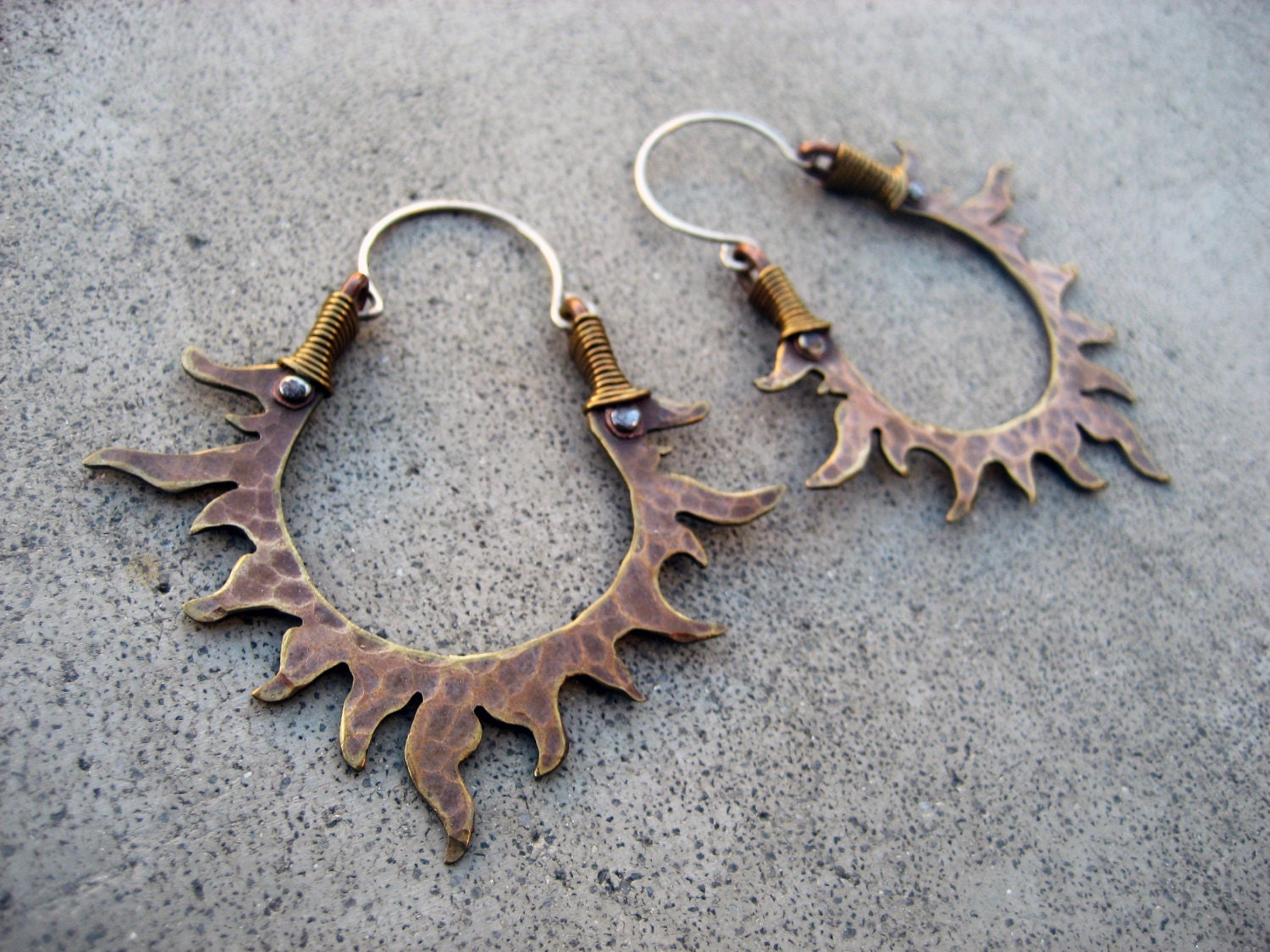 Solar Passion Hoop Earrings, Golden, Sun, Flames, Handmade Mixed Metal Jewelry