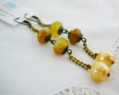Brass Chain Earrings Dangle Freshwater Pearl yellow corn, Jade Gemstone Long Statement