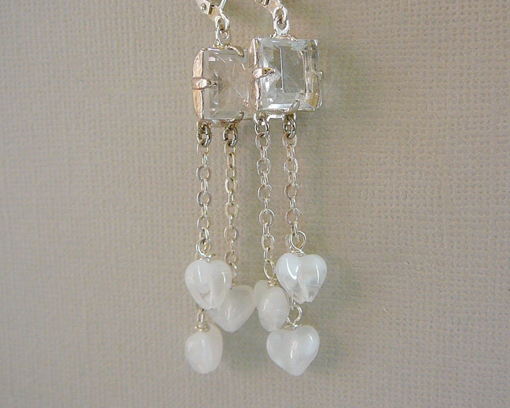 Earrings, Shabby Chic Vintage Clear Crystal Drop Rhinestone White Ice Hearts vintage bride wedding bridal