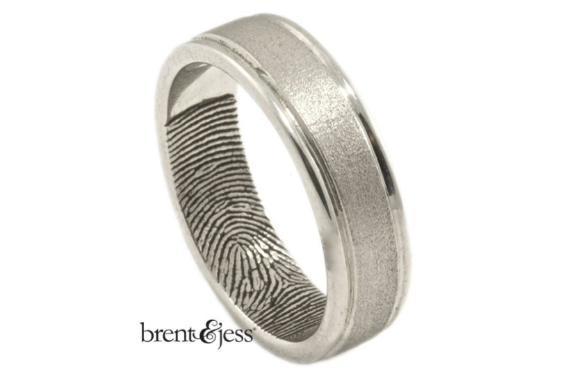 Sterling Silver Custom Fingerprint Wedding or Commitment Band with Hand Carved Rims and Flat Matte Center