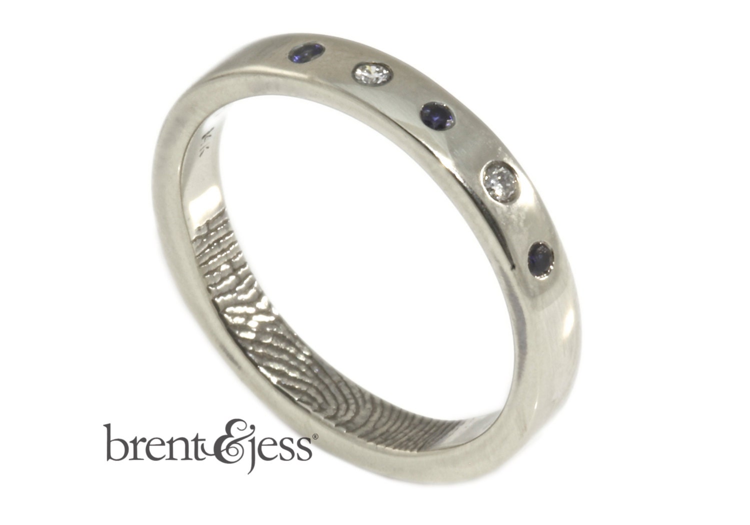 Custom Fingerprint ring with diamonds and sapphires 14k white 3mm SIZE 6