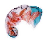 Magnolias silk chiffon scarf in coral and aqua. Hand painted silk scarf. Floral scarf. Spring scarf.Woman fashion.Mothers Day gift