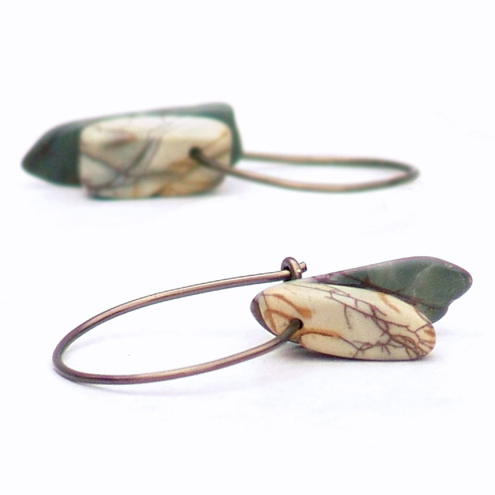 Rustic Stone Hoop Earrings -Red Creek Jasper Simple Gemstone Bronze Wire