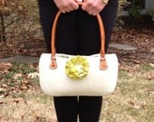 White handbag purse hand knit wet felt medium large Leather Handles