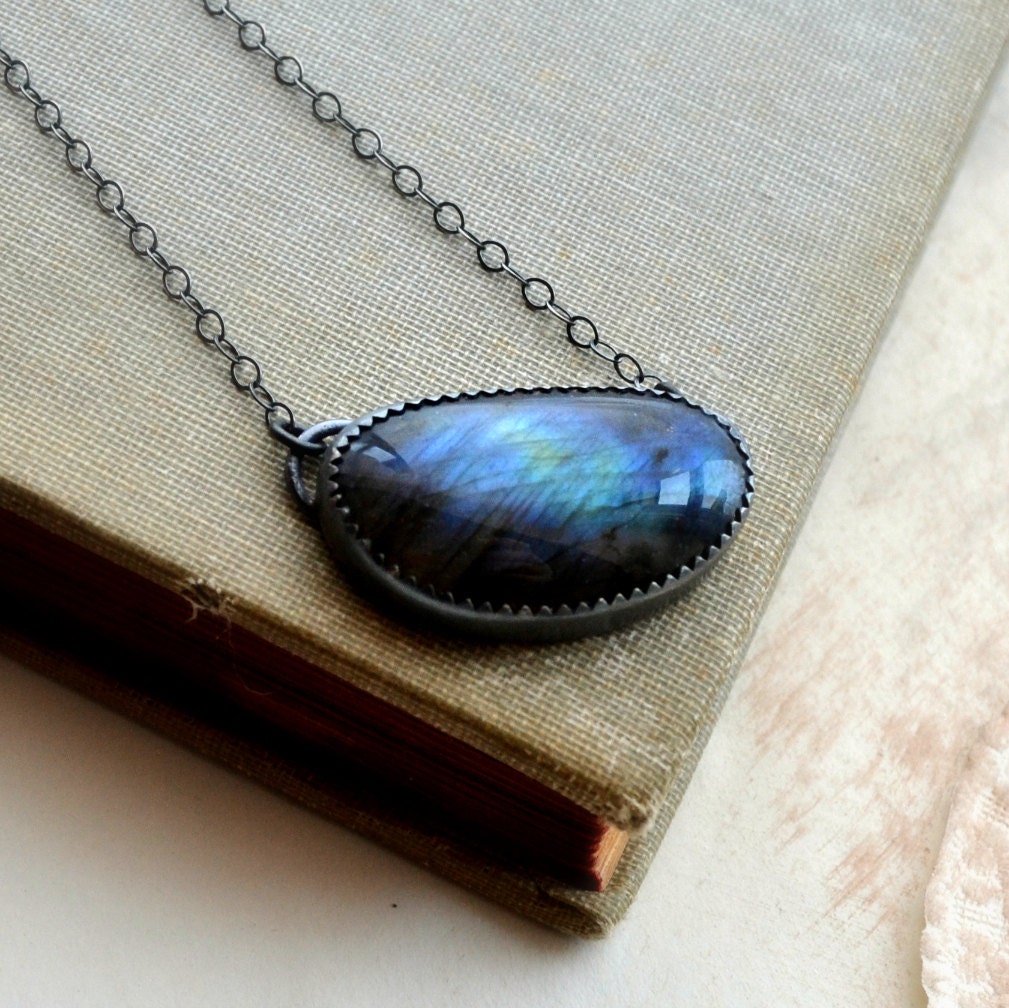 Labradorite necklace, metalwork jewelry, sterling silver necklace, blue flash gemstone - Maldives