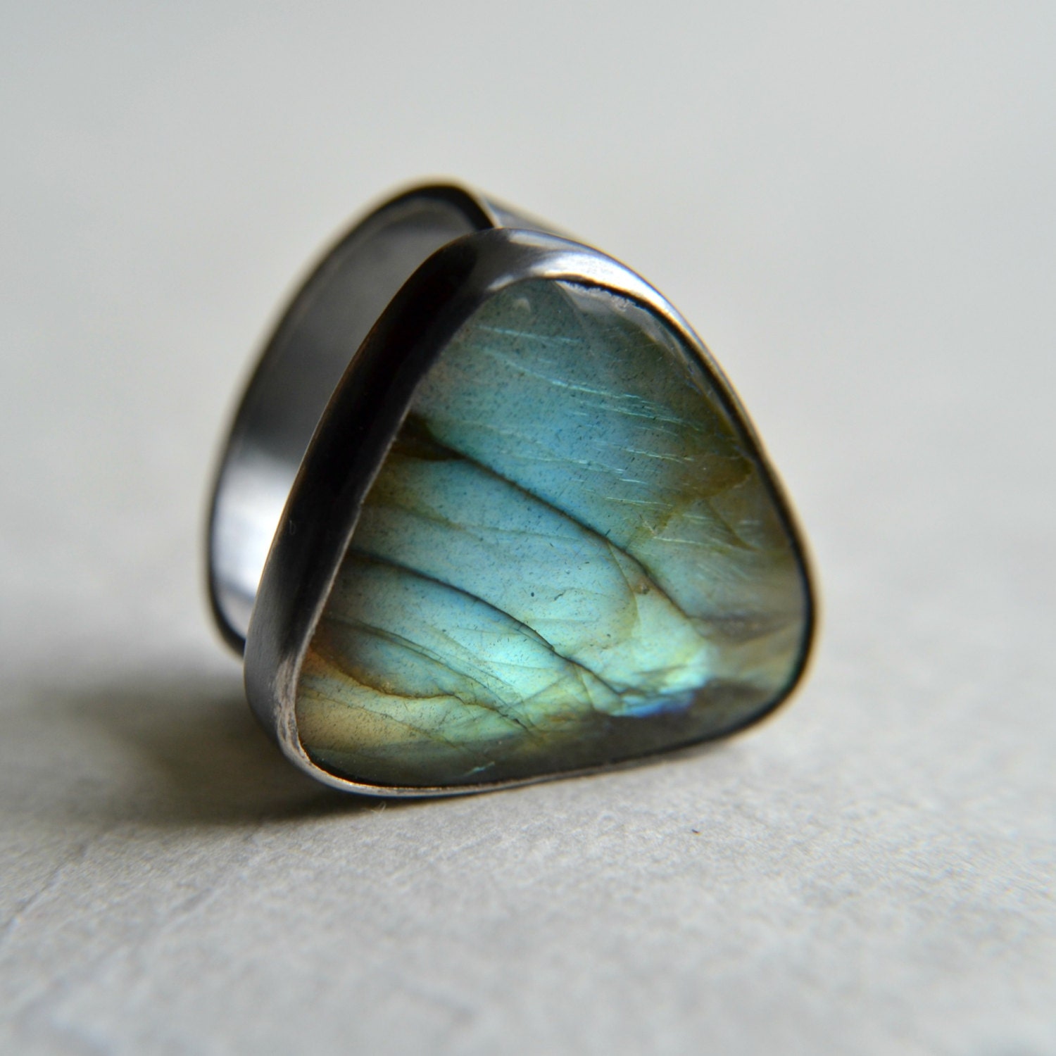 Labradorite ring, metalwork jewelry, oxidized sterling silver, minimalistic design, rustic texture, ring size 7.75 - The brook