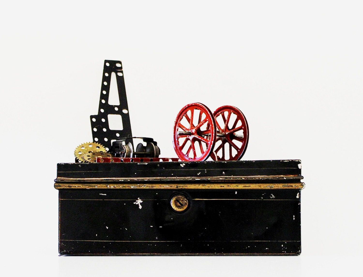 Build It - Vintage Erector Set - Tin Box - Collection - Antique - Toy - Black - Red - Father's Day - Geometric - Steampunk - Mixed Media