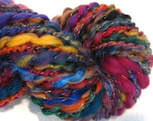 handspun art yarn Random Acts of Fiber 41 yds thick and thin rainbow gold thread plied yarn, knitting supplies crochet supplies