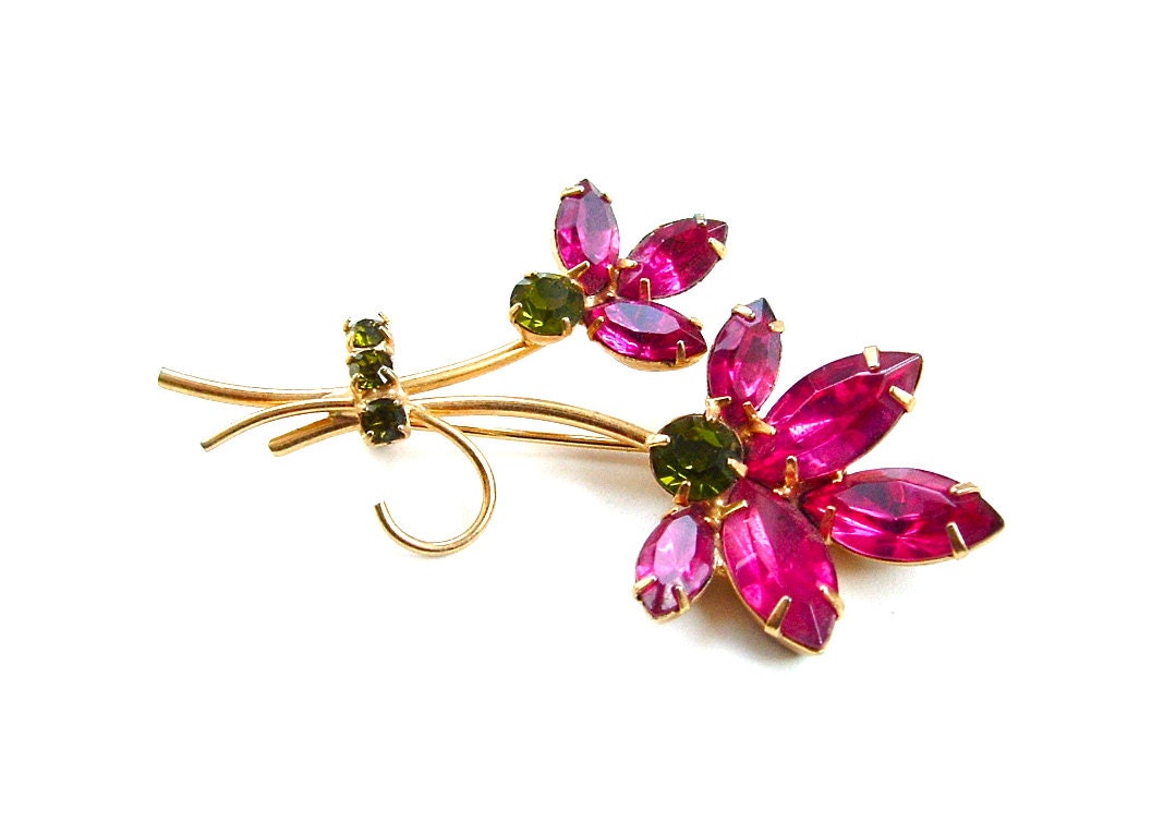 Vintage Rhinestone Brooch Fuchsia Pink Chartreuse Green Flower Bouquet, FREE US SHIPPING