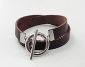 Leather Bracelet Leather Cuff Brown Color with Silver Tone Metal Toggle Clasp for Wrist 7 Inches