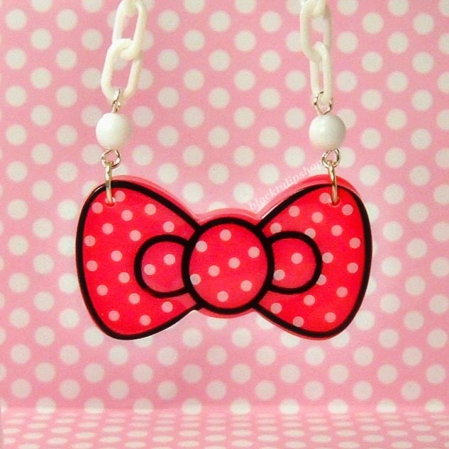 Kawaii Bow Necklace Light Red Pink White Polka Dot Sweet Lolita