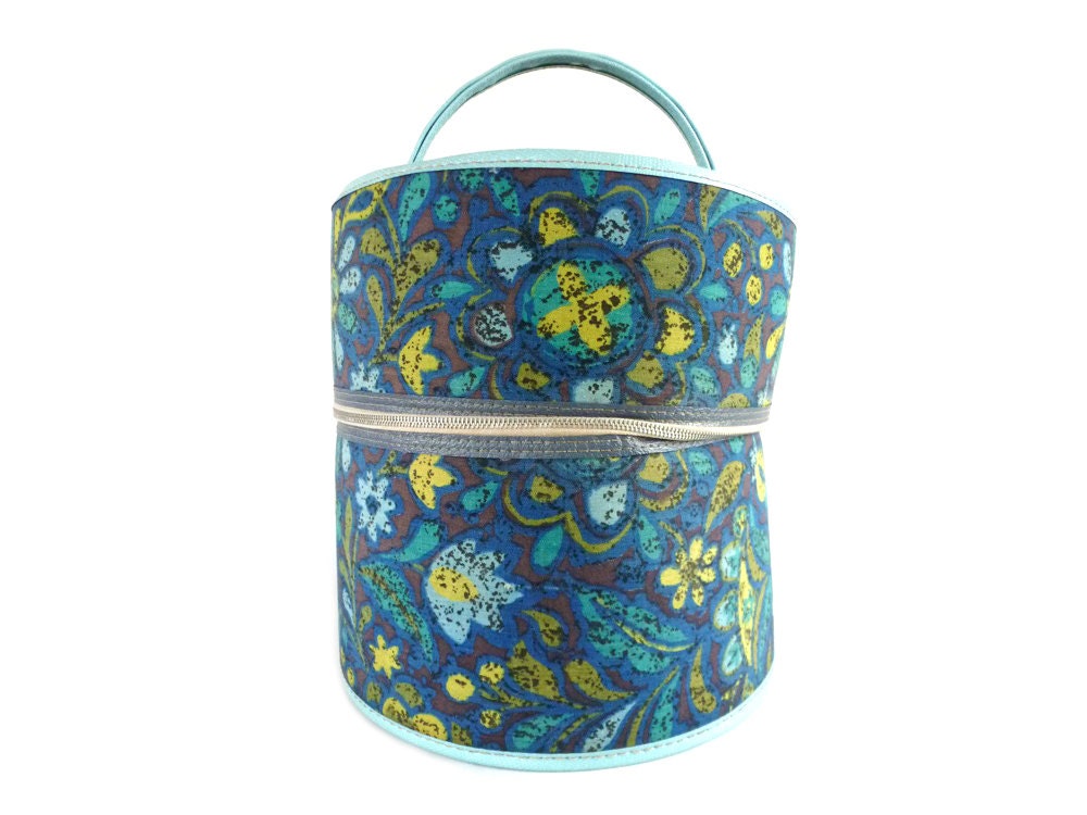 Hat Box . 60s Mod . Blue Floral . Flower Power