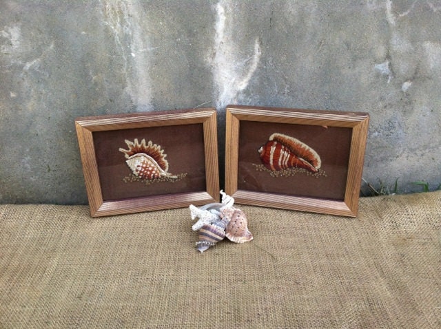 Upcycled - Vintage Embroidery - Crewel Art - Picture Frames - Nautical Beach Cottage - Seashells - Conch Shells - CHICHIC -