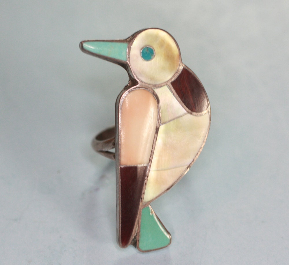 Zuni Style Bird Ring Channel Inlay Shell MOP Turquoise Sterling Silver