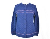 vintage Pointelle Cardigan Sweater - Navy Blue with Red and White Needlepoint - Small to Medium