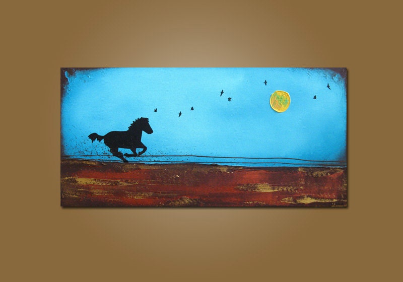 Galloping with the Birds - 36 x 18, Acrylic Art PAINTING, ORIGINAL, Contemporary Earthy Birch Tree Bird Art