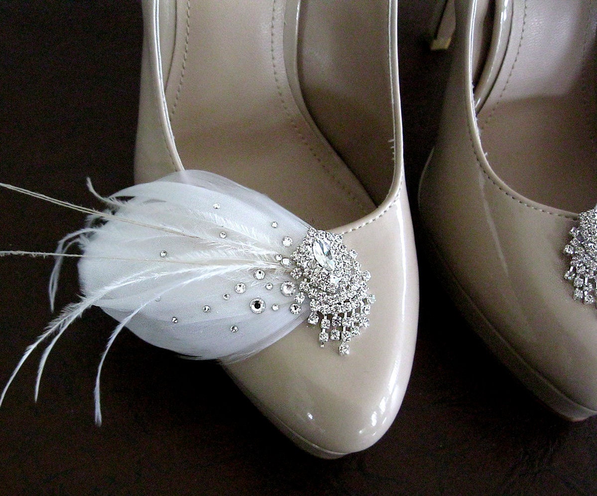 Stardust Feather and Rhinestone bridal shoe clips in natural white with extra rhinestones