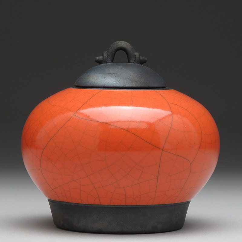Poppy Red Ceramic Jar with lid, Raku fired art pottery ,home decor