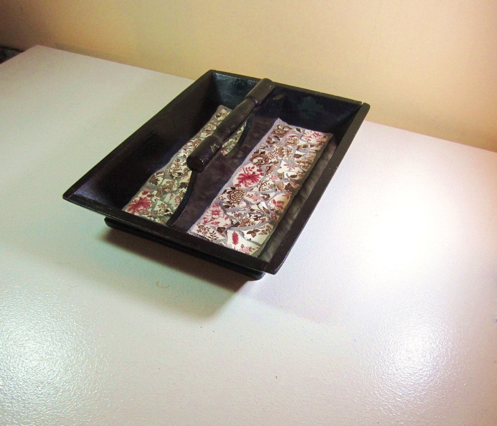 Mosaic Wooden Basket Repurposed Red Brown Flowered