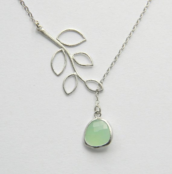 Silver Leaf and Spring Green Lariat - Silver Branch Lariat Necklace - Bohemian Lariat - Hippie Boho Chic Lariat - Bridesmaid Jewelry Gift