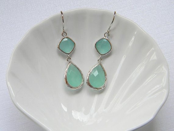 Aqua Mint Earrings - Blue Ice Earrings - Flirty Dangle Bridesmaid Earrings - Silver Framed Earrings - Bohemian Earrings - Boho Chic Earring