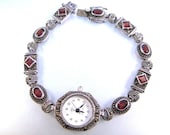 Estate Vintage Art Deco Garnet and Marcasite Sterling Silver Watch Fine Jewelry