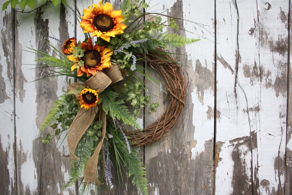 Summer Wreath, Sunflowers, Fern, Varigated Ivy, Lavender, Burlap
