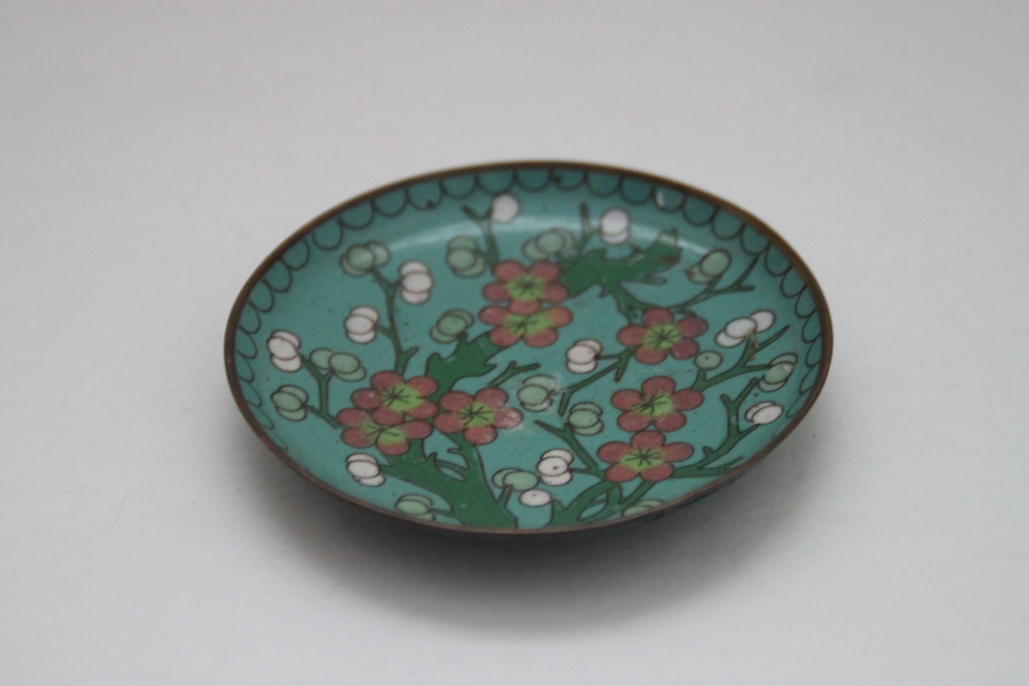 Vintage Floral Aqua Cloisonne Dish