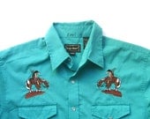 Embroidered Turquoise Blue Western Shirt / Pearl Snap Buttons / Size Mens Medium