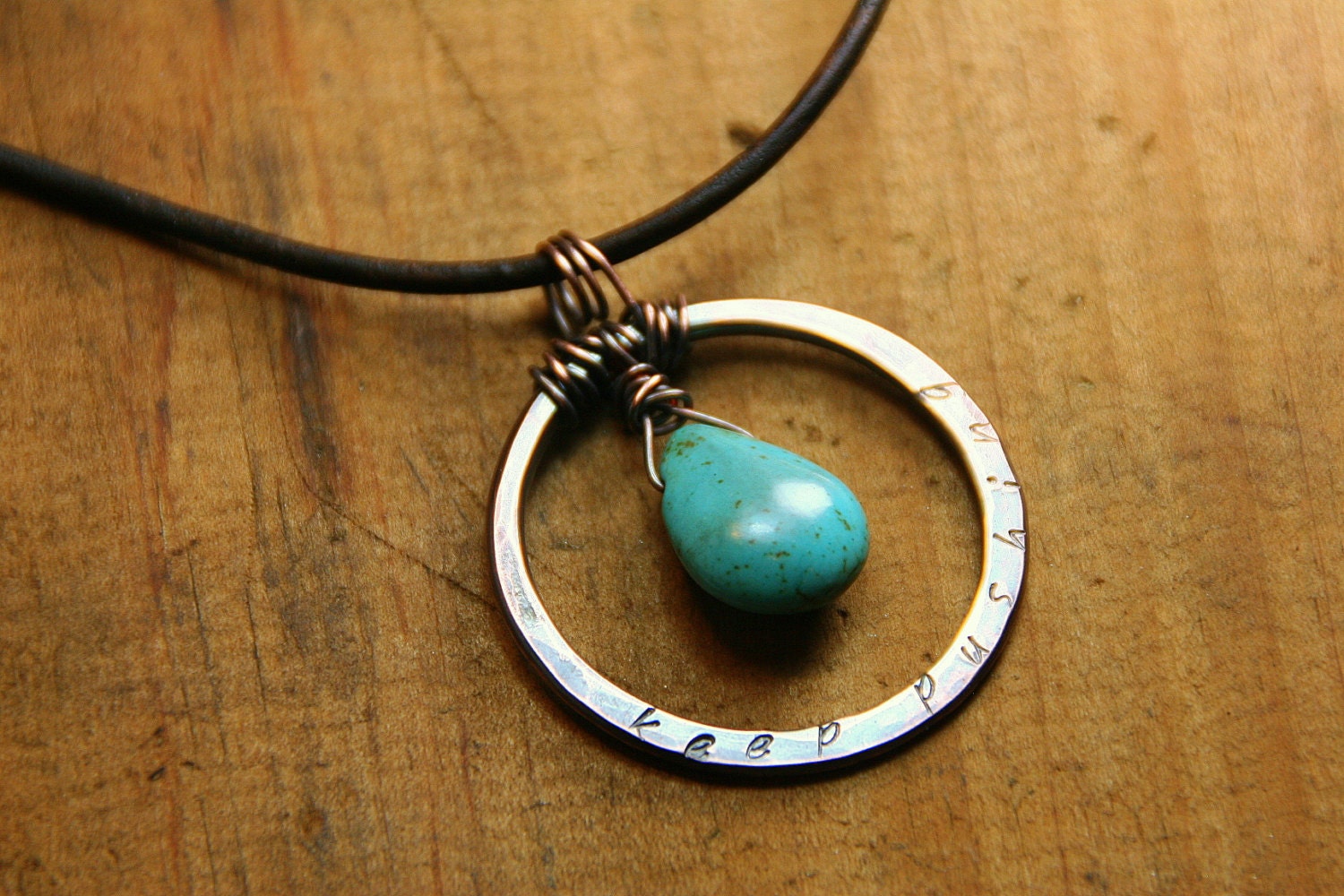 Custom Hand Stamped Inspiring Copper and Turquoise Pendant