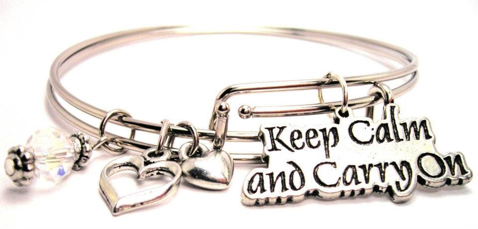 Keep Calm and Carry On Two Expandable  Cuff  Bracelets with Crystal beads  Free shipping