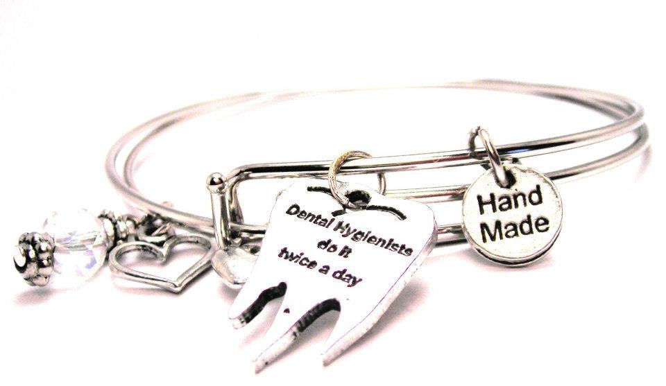 Dental Hygienists Do It Twice A Day Two Expandable Bangle Bracelets with Crystal beads  Free shipping