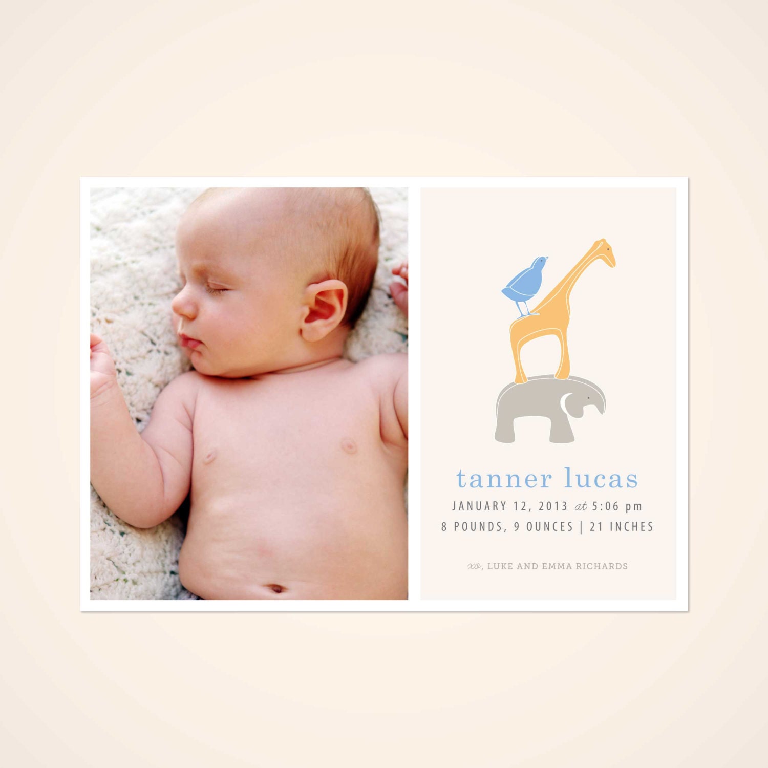 Printable Baby Announcement // Boy, Girl, Elephant, Giraffe, Bird, Animals, Photo Card // Animal Tower