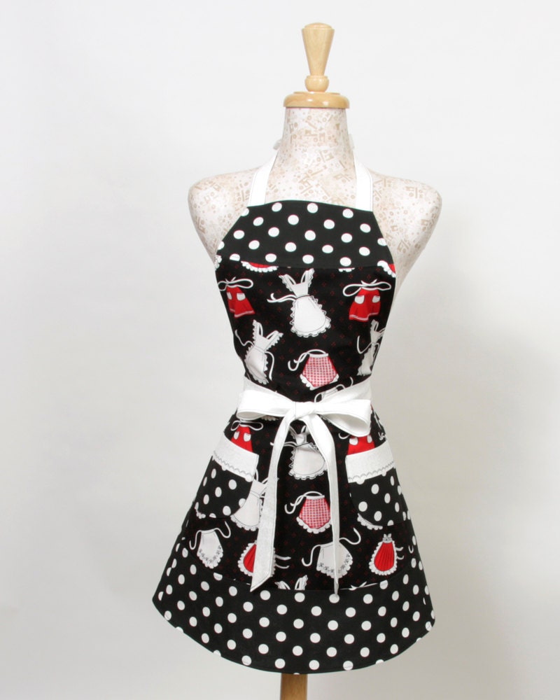 Black Red and White Apron, tossed kitchen aprons with big polka dots