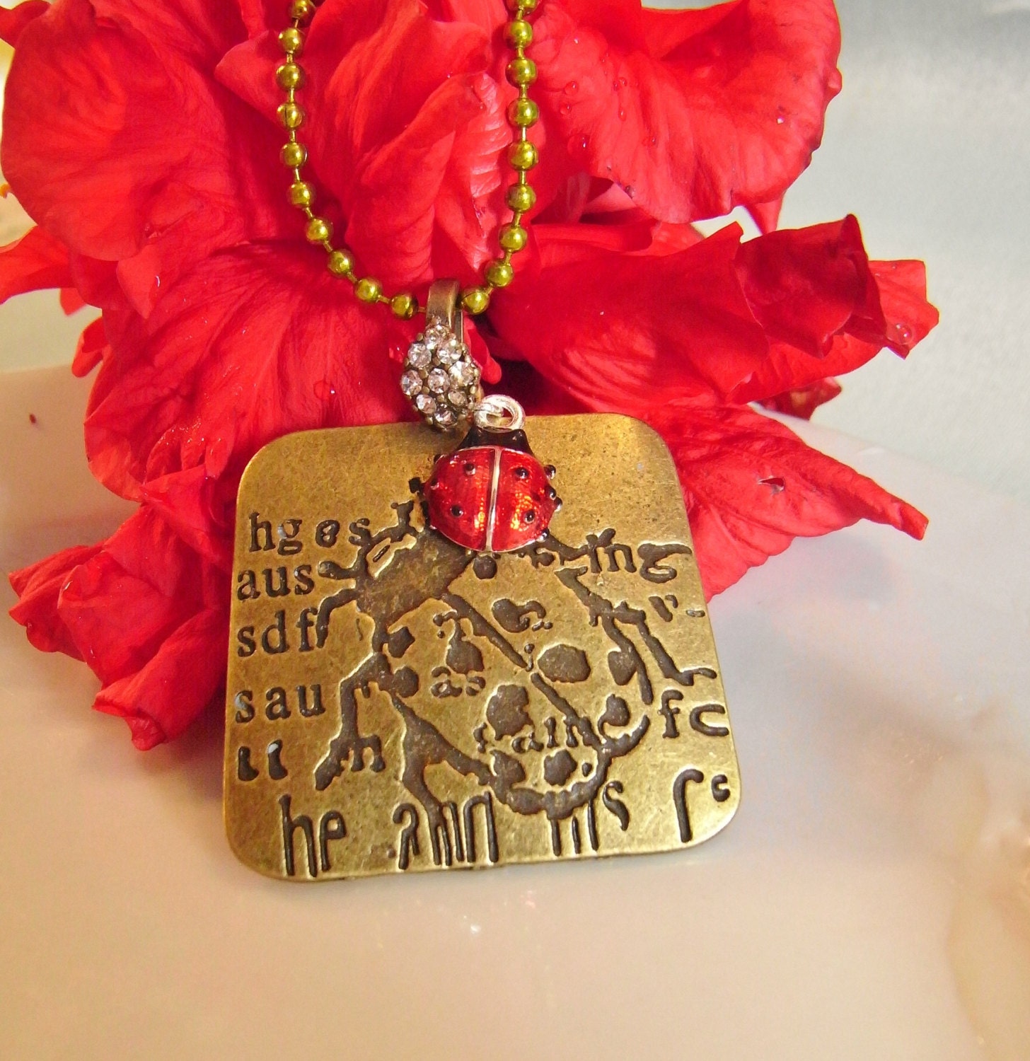 ladybird pendant, bronze with enamel ladybug charm, lucky symbol,