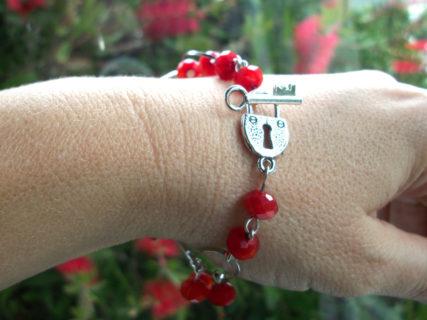 Red Bracelet, Lock and Key clasp with red crystal beads and large link chain jewellery