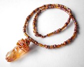 Crystal point necklace, titanium coated raw quartz with beaded copper wire wrapped jewellery
