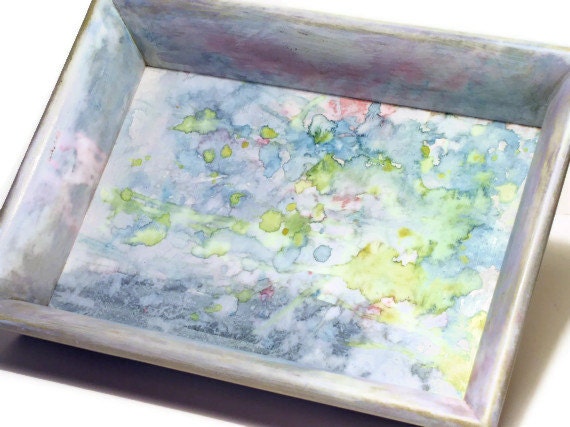 Painted Furniture Serving Tray Re-purposed Vintage Frame with Watercolor Abstract