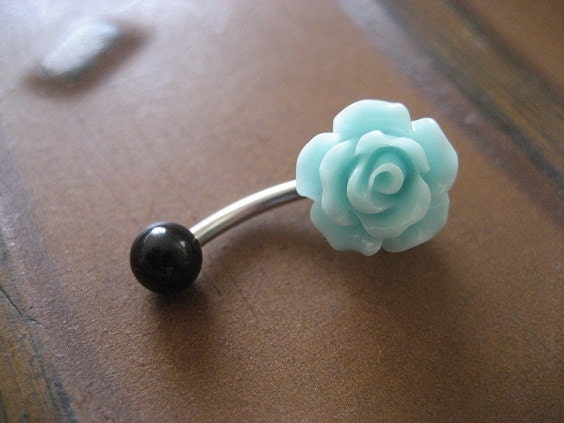 Sea Foam Rose Belly Button Ring- Pastel Minty Mint Green Flower Navel Stud Jewelry Bar Barbell Piercing