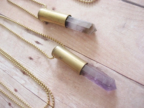 Amethyst Bullet Necklace Purple Raw Rough Crystal Brass Casing Pendant Chain