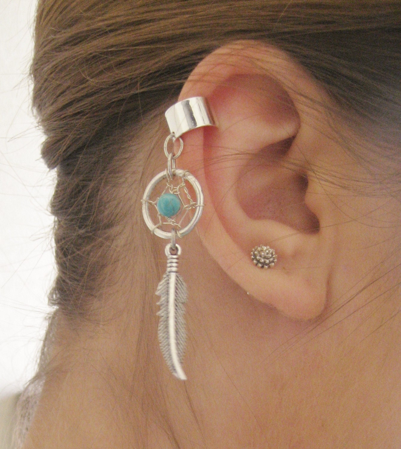 Dream Catcher Ear Cuff- Turquoise Dreamcatcher Earcuff Feather Jewelry No Piercing Non Pierced Earring