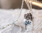 Blue Forget Me Not Flower Terrarium Necklace Glass Vial Sterling Silver by Woodland Belle