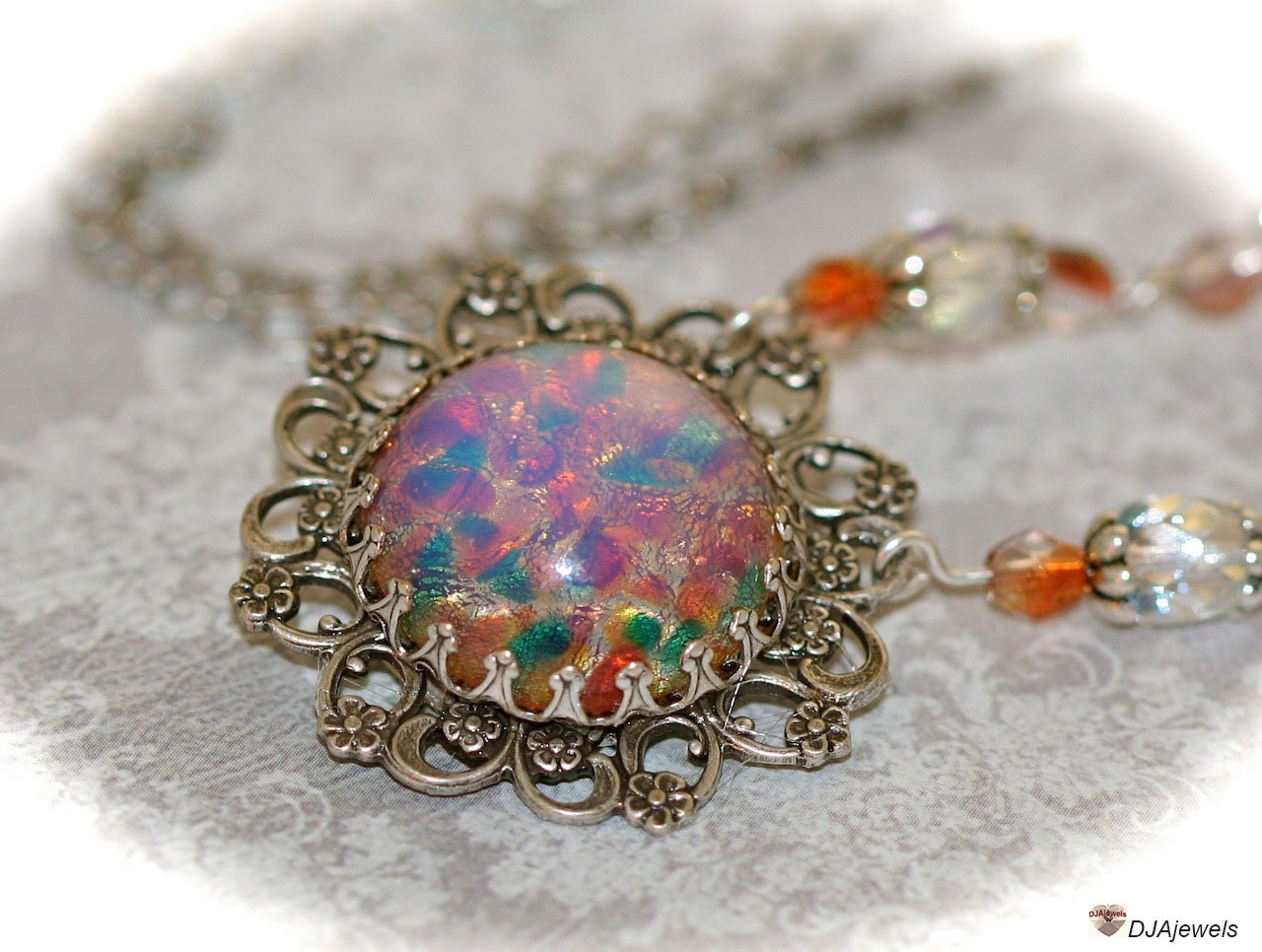 Victorian Fire Opal Necklace. Silver Filigree.