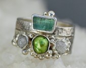 Rough Diamond and Pearl Engagement Band and Wedding Stacking  Ring with Rough Tourmaline