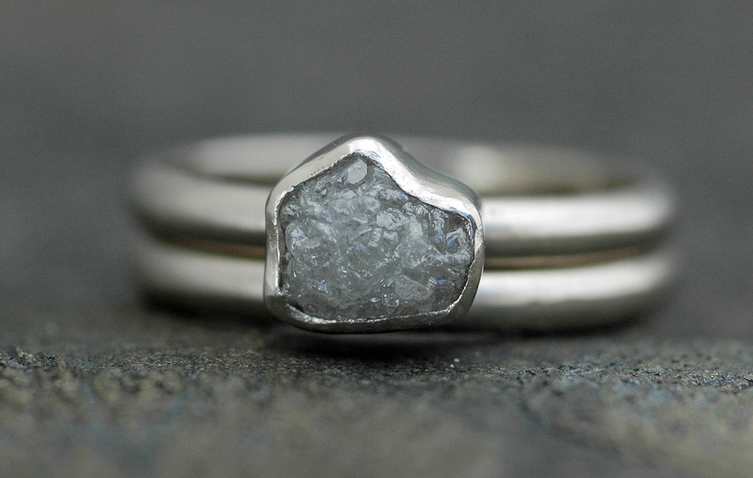 Bezel-Set Rough Large Diamond Engagement Ring and Wedding Band 18k White or Yellow Gold