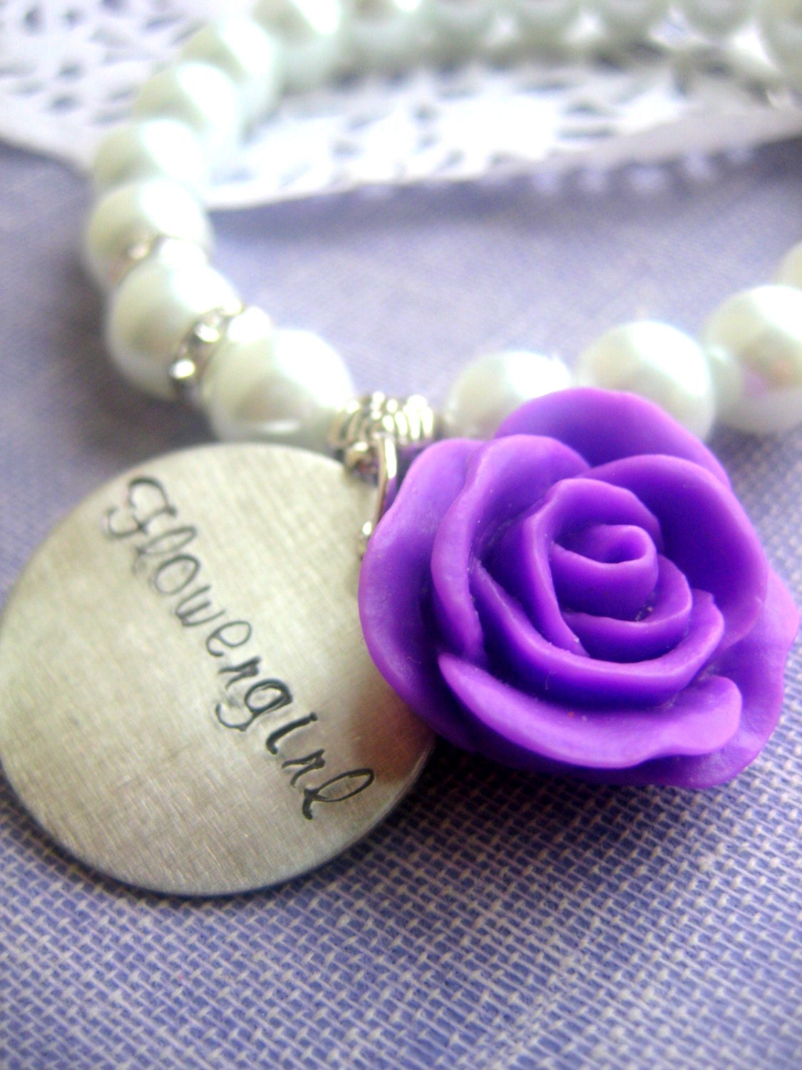 Flowergirl purple, lavender, rose, stretchy white glass pearl bracelet. CHILD sized.